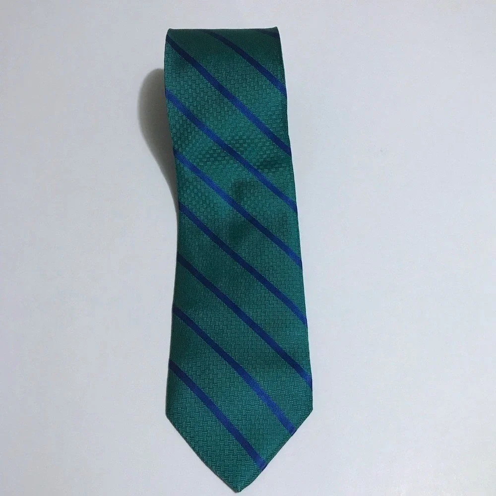 Brooks Brothers 346 Mens Silk Tie Green Navy Blue Striped Basketweave Repp USA‎